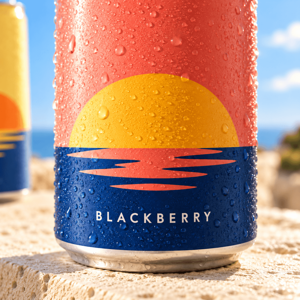 Close-up of the golden sun and navy water graphic on a cold coral Daytrip can, with BLACKBERRY printed below.